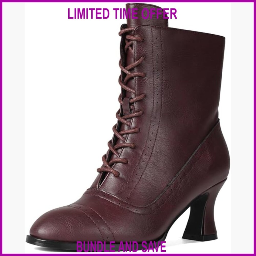 Victorian Ankle Boots with Block Heel, Almond Toe, Pull-On Closure